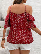 Targeted Elegant Women'S Clothing Heart Print Ruffled Cami Off-Shoulder Top - Burgundy