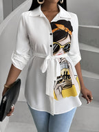 Directional European And American Fashion Portrait Printed Button-Up Long Sleeve Shirt - White