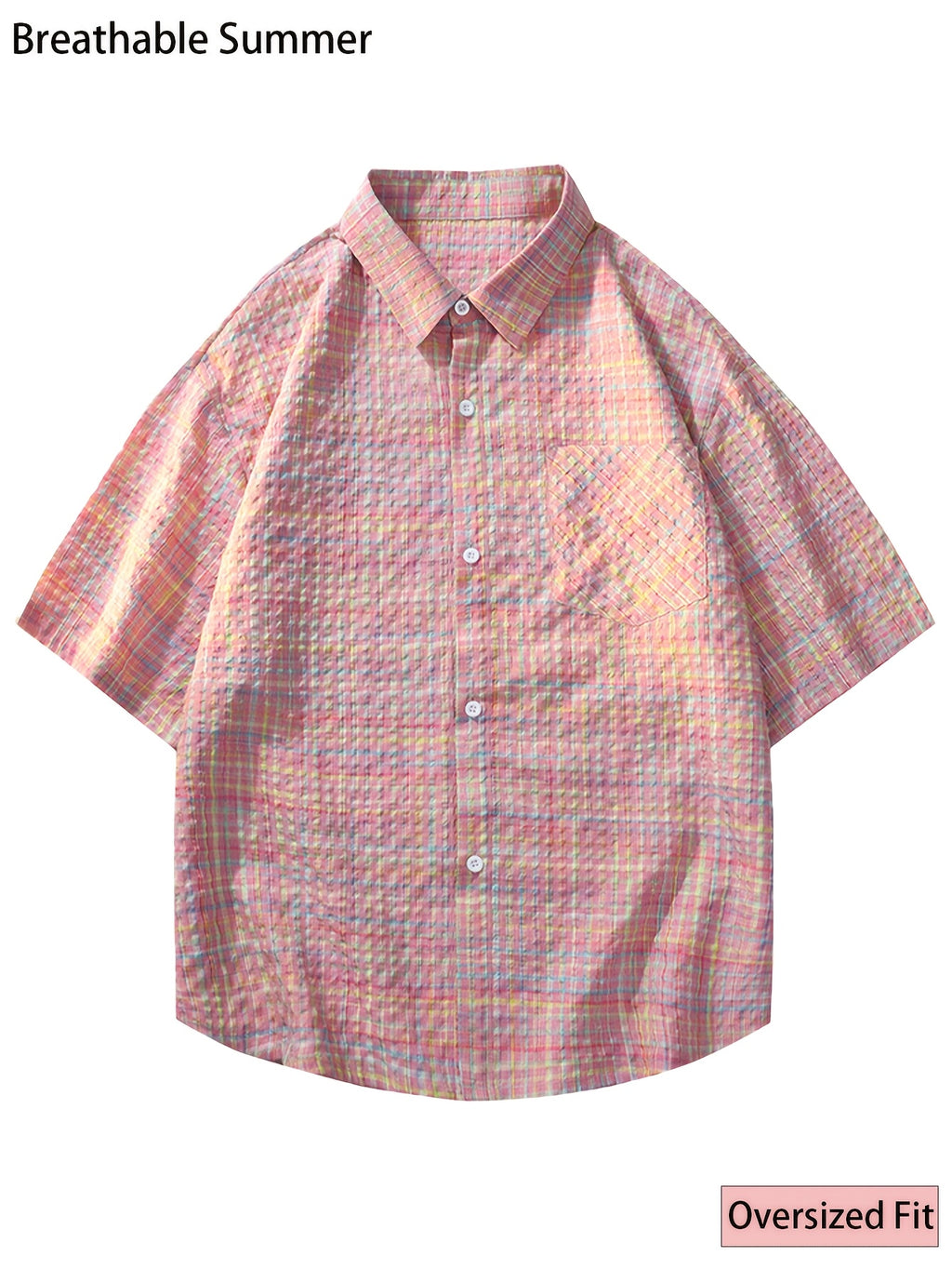 Men's Casual Short-Sleeve Shirt, Bubble Plaid Texture, Loose Fit, Summer Limited Edition! Macaron Plaid Bubble Gauze Shirt, Unisex Loose Short-Sleeve Casual Top, Wrinkle-Resistant and Breathable Loose Fit Casual Wear, Men's Colorful Plaid Shirt - Color-woven check blue-pink