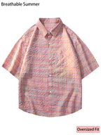 Men's Casual Short-Sleeve Shirt, Bubble Plaid Texture, Loose Fit, Summer Limited Edition! Macaron Plaid Bubble Gauze Shirt, Unisex Loose Short-Sleeve Casual Top, Wrinkle-Resistant and Breathable Loose Fit Casual Wear, Men's Colorful Plaid Shirt - Color-woven check blue-pink