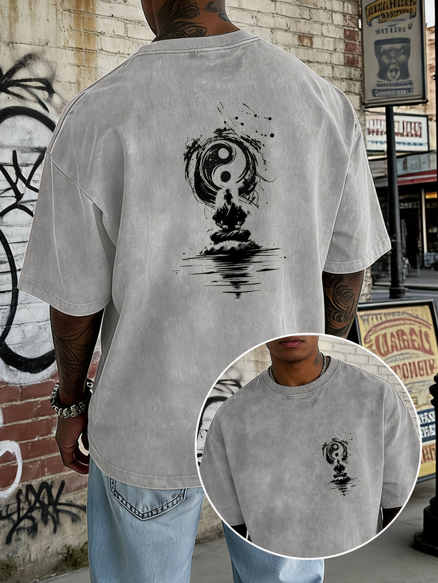 Washed and Distressed Pure Cotton Short-sleeve T-shirt with Trendy Double-sided Print Featuring Tai Chi, Zen, and Meditating Ink Wash Art. Available in 12 Colors for Mix-and-match Styling. Loose-fit Men's Top in High Street Y2K Style - Grey