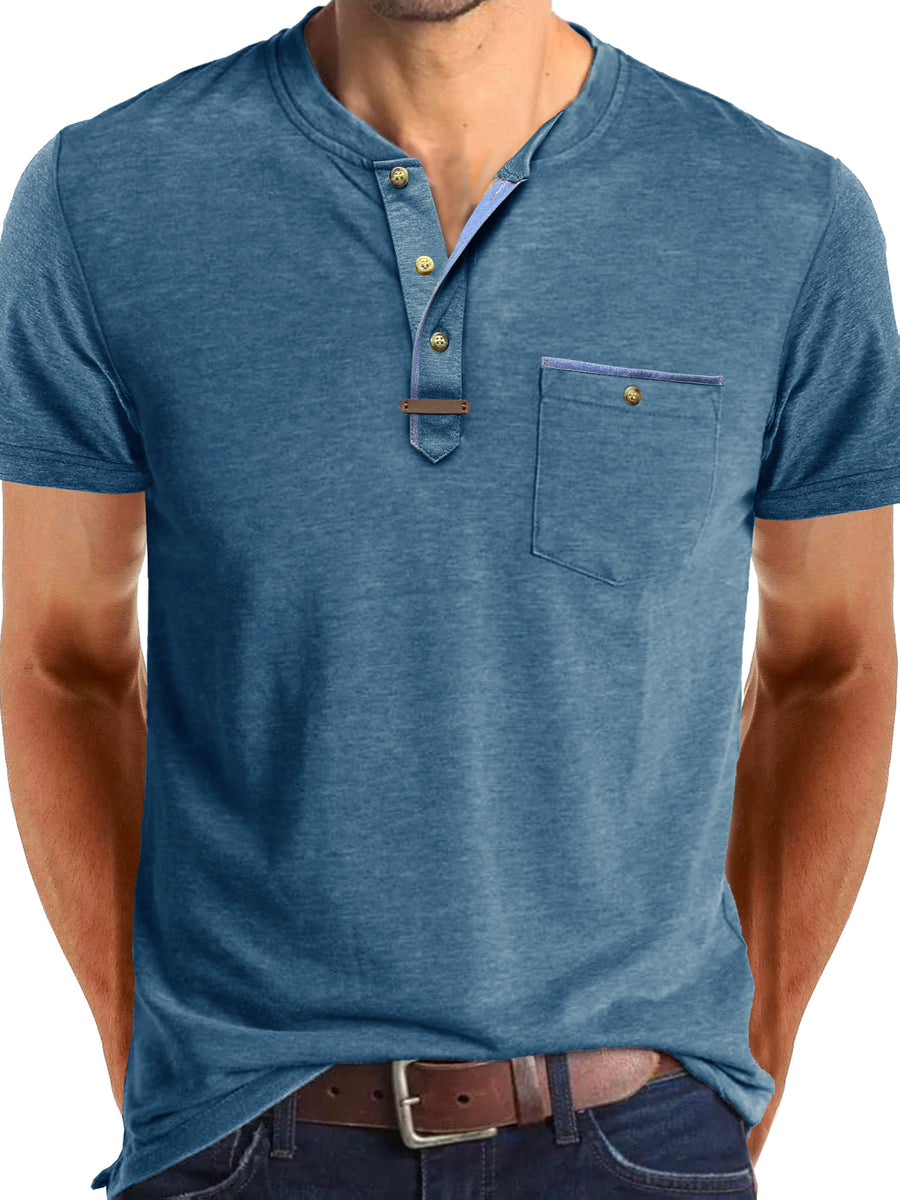 Men'S Solid Color Short Sleeve Henley Neck T-Shirt, Fashionable Summer Men'S Wear Casual Round Neck Top - Blue