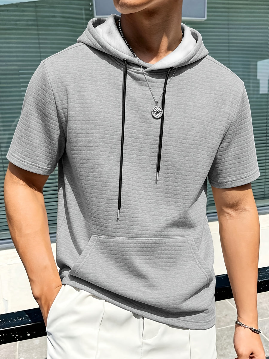 Men's Short-Sleeve Hoodie with Plaid Texture - Solid Color Hooded, Machine Washable Summer Casual Wear Suitable for Daily Outings, Gifts, Commemorative Present for Friends, Versatile Layering for Warmth (Regular Fit) - Grey