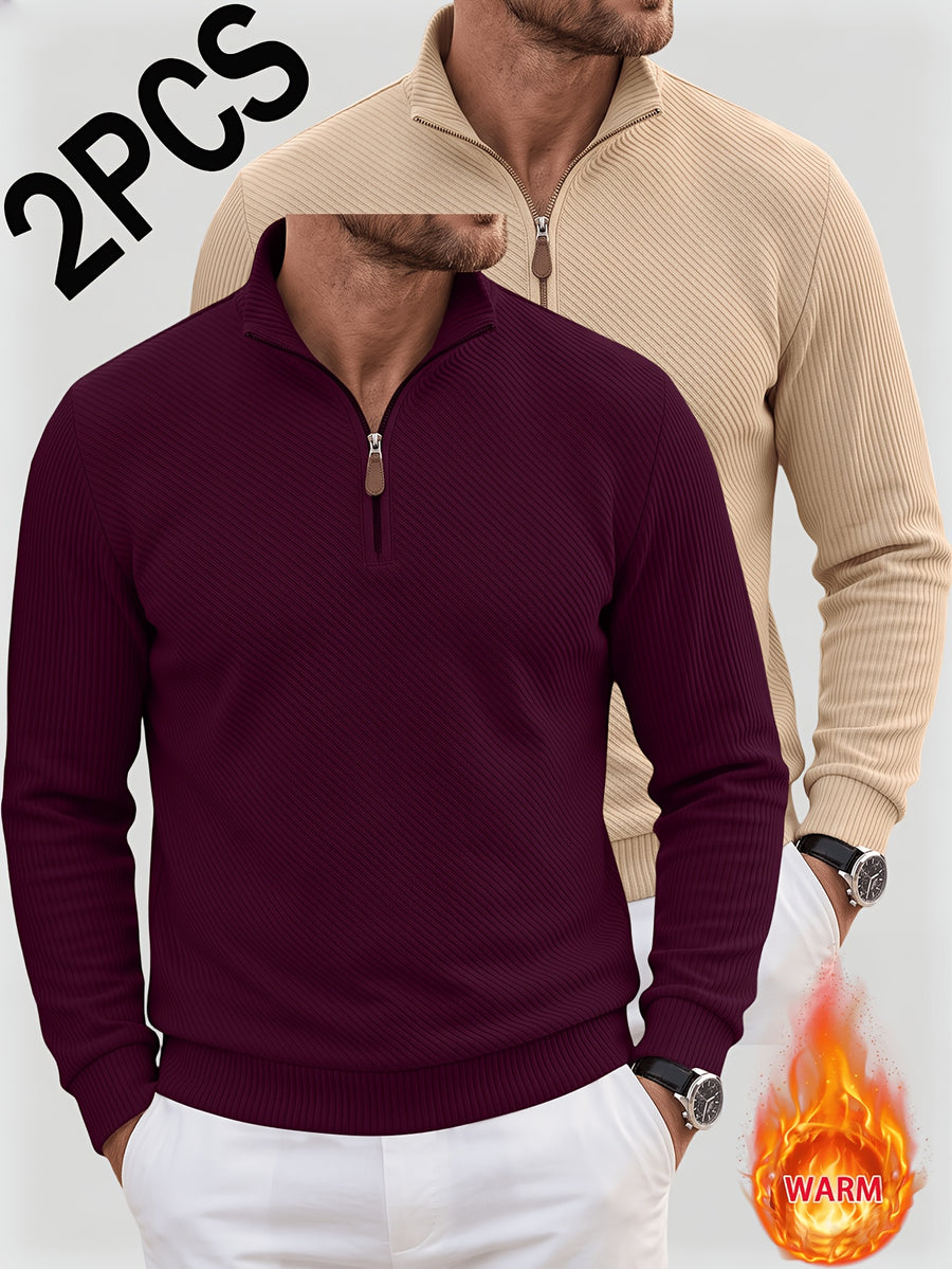 2pcs Men'S Autumn Winter New Corduroy Textured Half-Zip Stand Collar Knit Sweater Set, Light Luxury Long Sleeve Elastic Ribbed Base Layer Business Casual Inner Outerwear; Daily Commute, Home Entertaining, Camping Dating Scenarios - Wine Red+Khaki