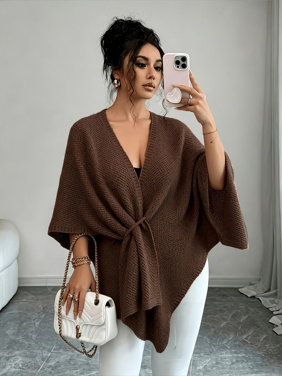 Autumn Winter New Loose Cape Cross-Body Tie Shawl Cardigan Women'S Outdoor Outerwear ASD1 - Coffee Color