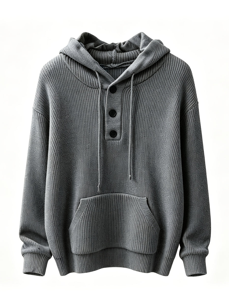 Men'S Hooded Pullover Sweater Half-Button Drawstring Kangaroo Pocket Thick Yarn Knitwear Autumn Winter Trendy Casual Daily Pullover Sweater - Grey