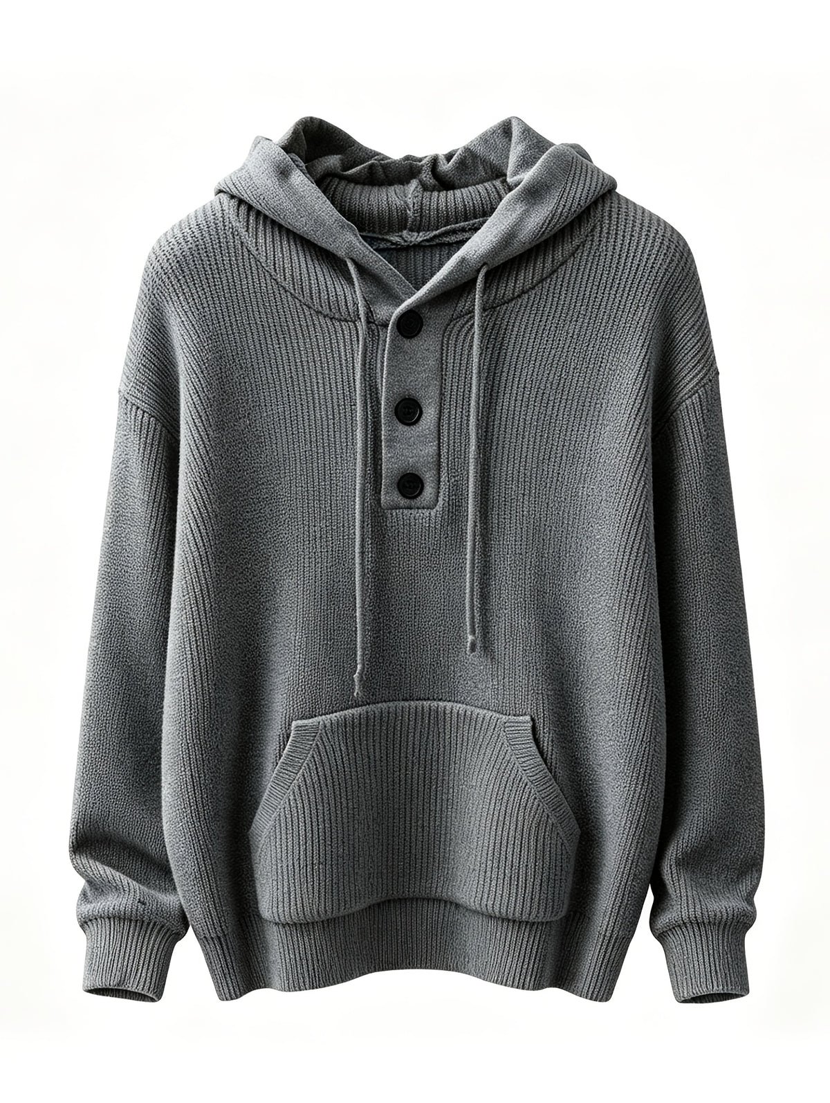 Men'S Hooded Pullover Sweater Half-Button Drawstring Kangaroo Pocket Thick Yarn Knitwear Autumn Winter Trendy Casual Daily Pullover Sweater - Grey