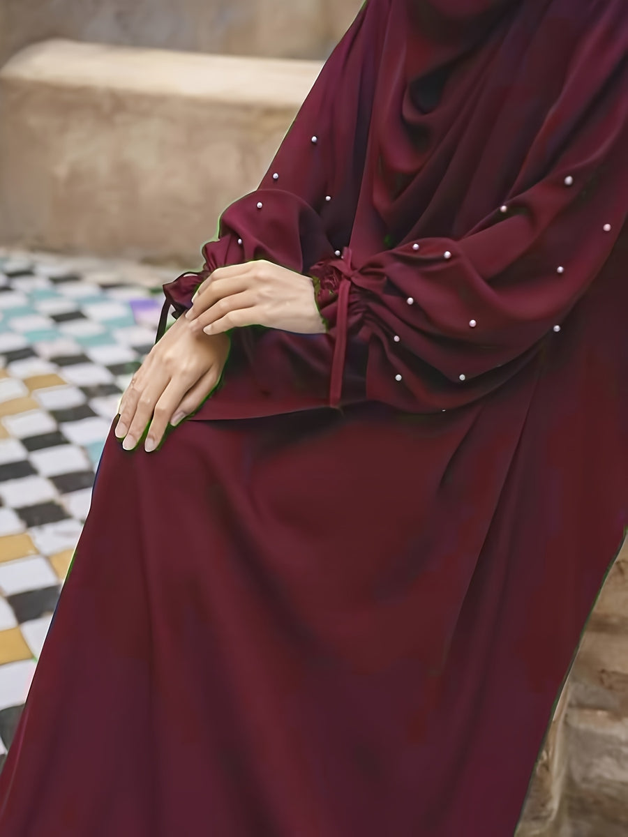 Middle Eastern Solid Color Women'S Robe with Pearl Sleeves Dress And Long Scarf 2pcs Set, Ideal for Women'S Daily Wear, Travel, And Ramadan - Deep Red