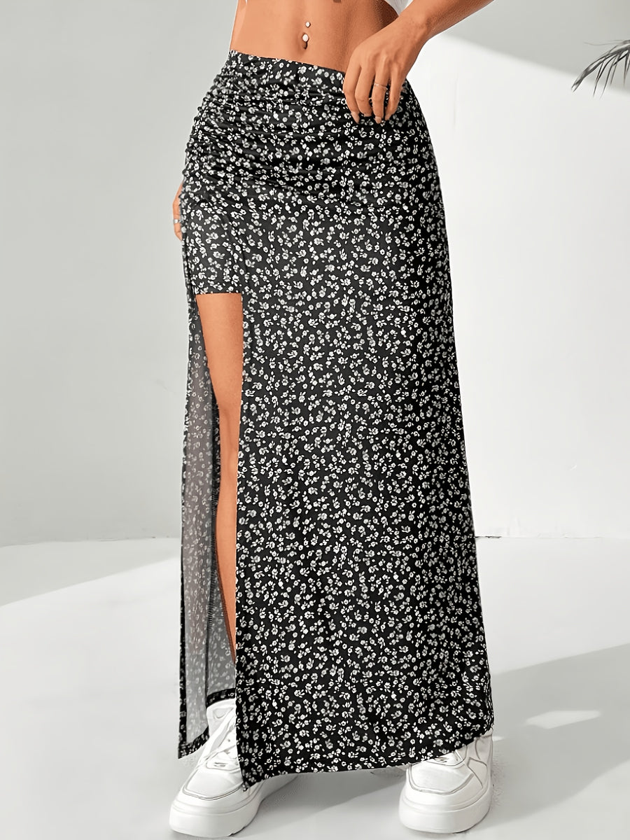 Floral Print Long Slit Skirt - Mixed colors