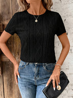 New Summer Women's T-Shirt, Round Neck Jacquard, Casual, Versatile, Fashionable, Simple, Solid Color Short Sleeve Top - Black