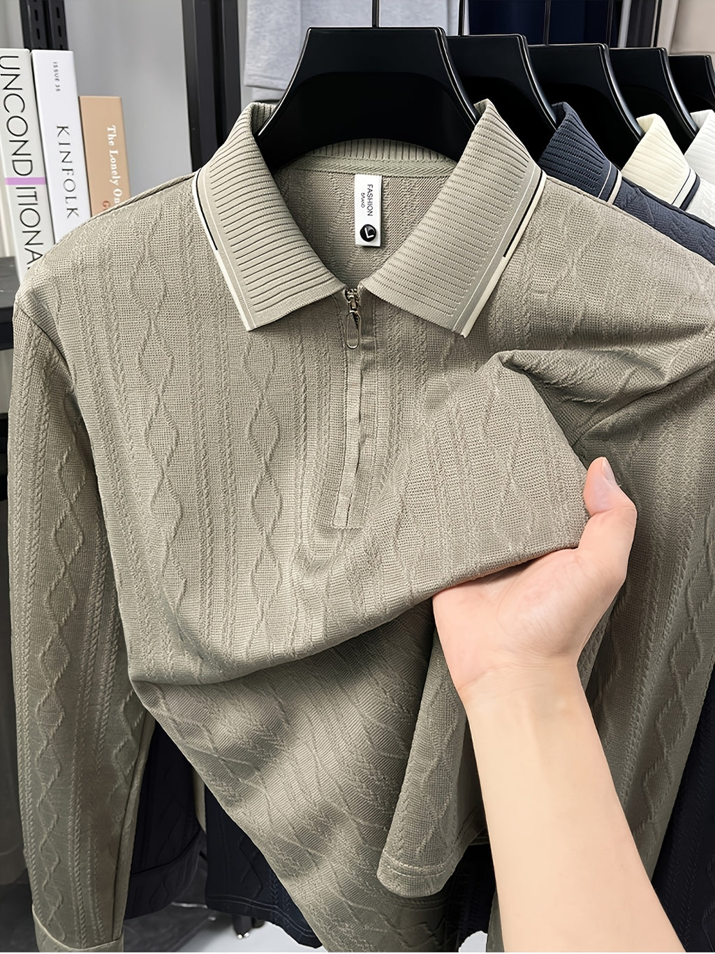 Men's Half-Zip Lapel Long-Sleeve Polo Shirt, Full-Rhombus Jacquard Texture, Contrast-Color Ribbed Collar, Simple Light-Luxury Top, for Business Receptions, Daily Commuting, Loose-Fit Men's Long-Sleeve T-Shirt - Khaki