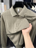 Men's Half-Zip Lapel Long-Sleeve Polo Shirt, Full-Rhombus Jacquard Texture, Contrast-Color Ribbed Collar, Simple Light-Luxury Top, for Business Receptions, Daily Commuting, Loose-Fit Men's Long-Sleeve T-Shirt - Khaki