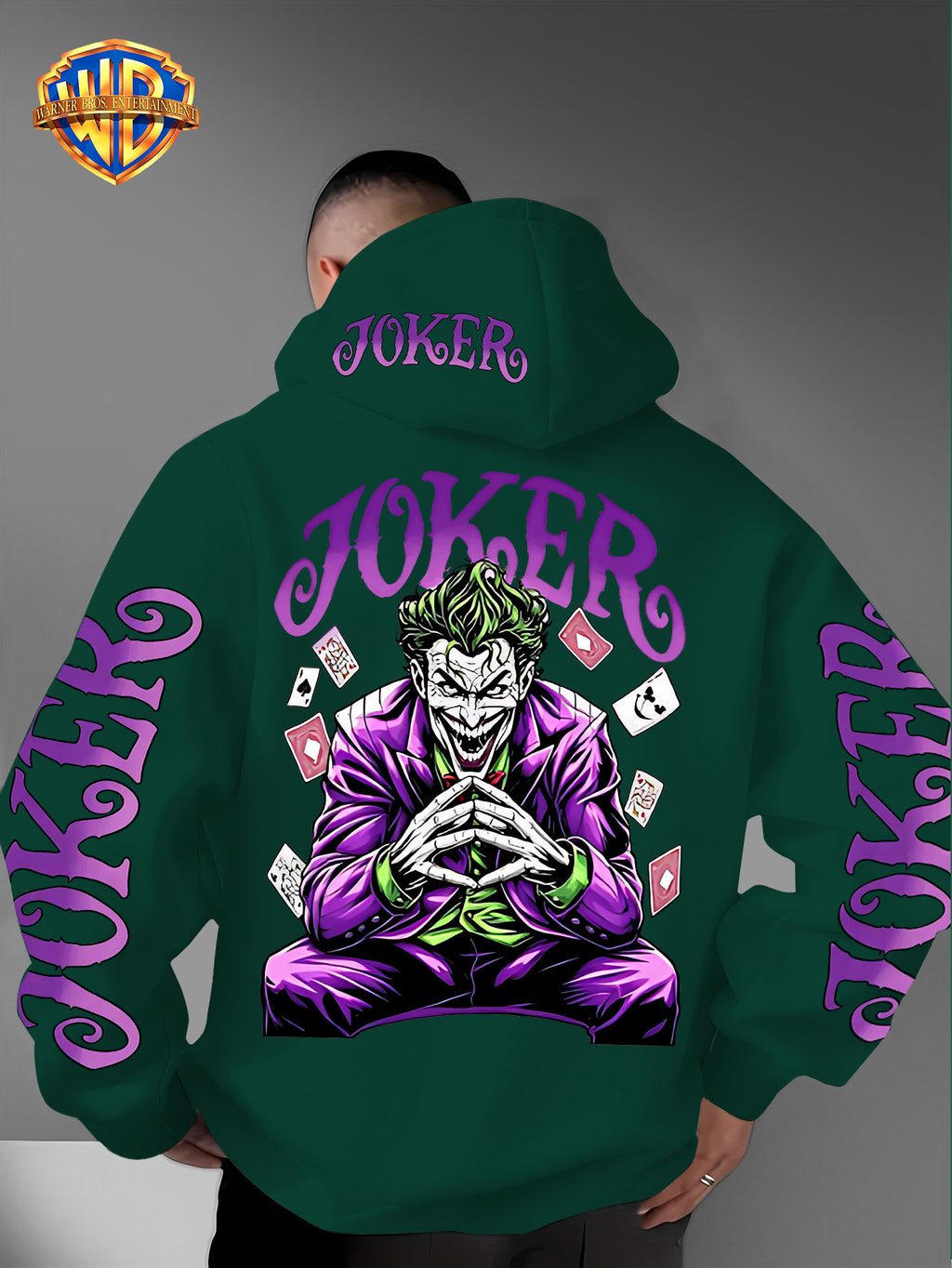 Warner Bros. Fashion Poker Joker Print, Hat Design Pattern, Multi-functional Street Style Men's Hooded Sweatshirt, Comfortable and Casual, Suitable for Autumn and Winter Wear - Green