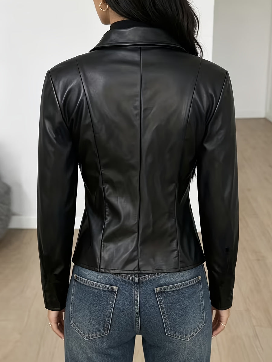 Women'S Elegant Fashion Casual Solid Color Zipper PU Jacket Slim Fit Short Jacket Top - Black