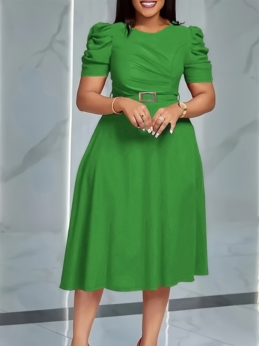 Women'S Elegant V-Neck Ruched Midi Dress, Solid Color Short Sleeve, Waist-Cinching Belt, Flowing Skirt, Perfect Spring Summer Outfit, Adult Fashion, Comfortable Daily Elegant Waist-Cinching Dress, Ruched Detail - Emerald Green