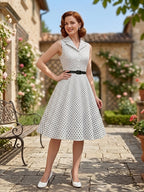 Vintage-style Polka Dot Waist-cinching Sleeveless Flared Bridesmaid Dress - White