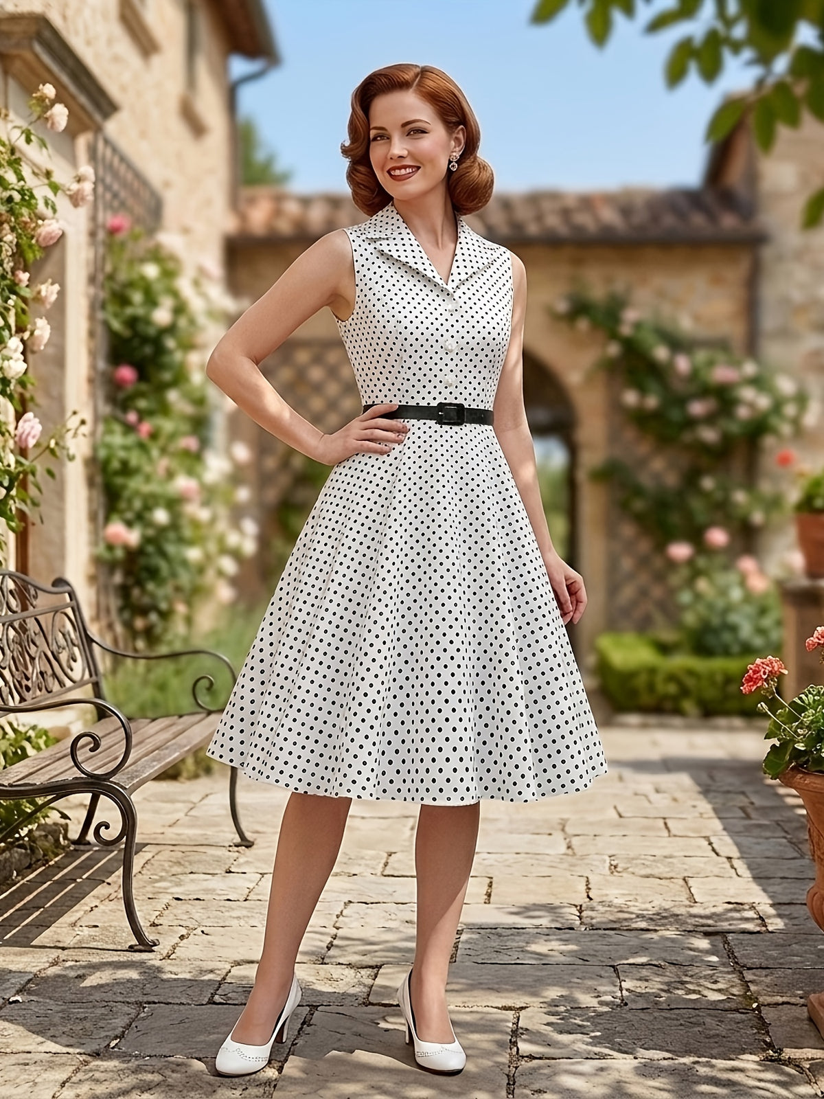 Vintage-style Polka Dot Waist-cinching Sleeveless Flared Bridesmaid Dress - White