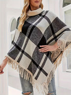 Spring/Autumn New Plaid Color-Block Fringe Shawl Women's High-Neck Irregular Pullover Sweater - Black