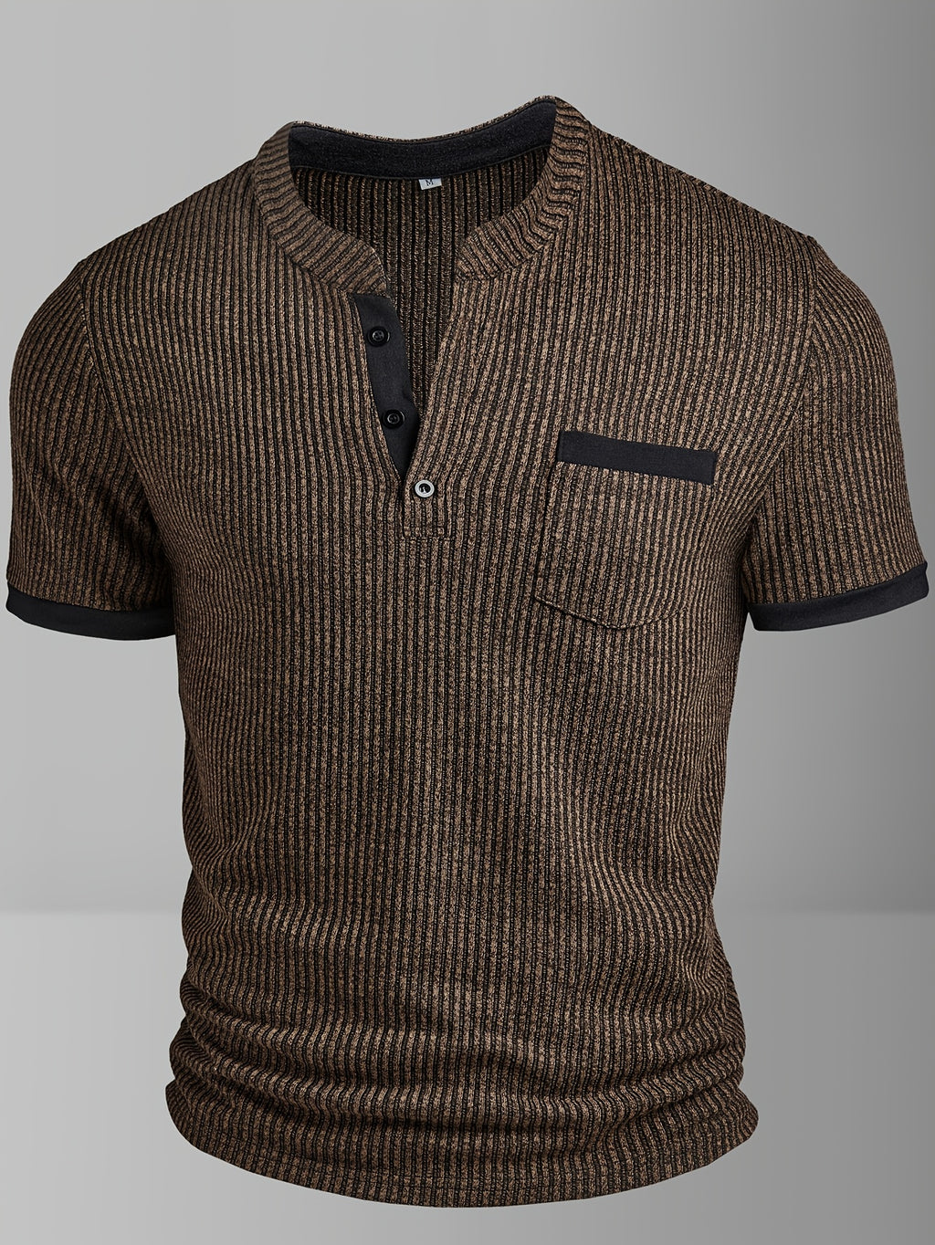 ROYALBOY Spring New Men's Casual Fashion Textured Two-Tone Striped Henley Shirt - Short Sleeve, Stand Collar, Suitable for Casual Outdoor Wear, Machine Washable, 100% Polyester Durable Wear-Resistant Fabric - Coffee Color