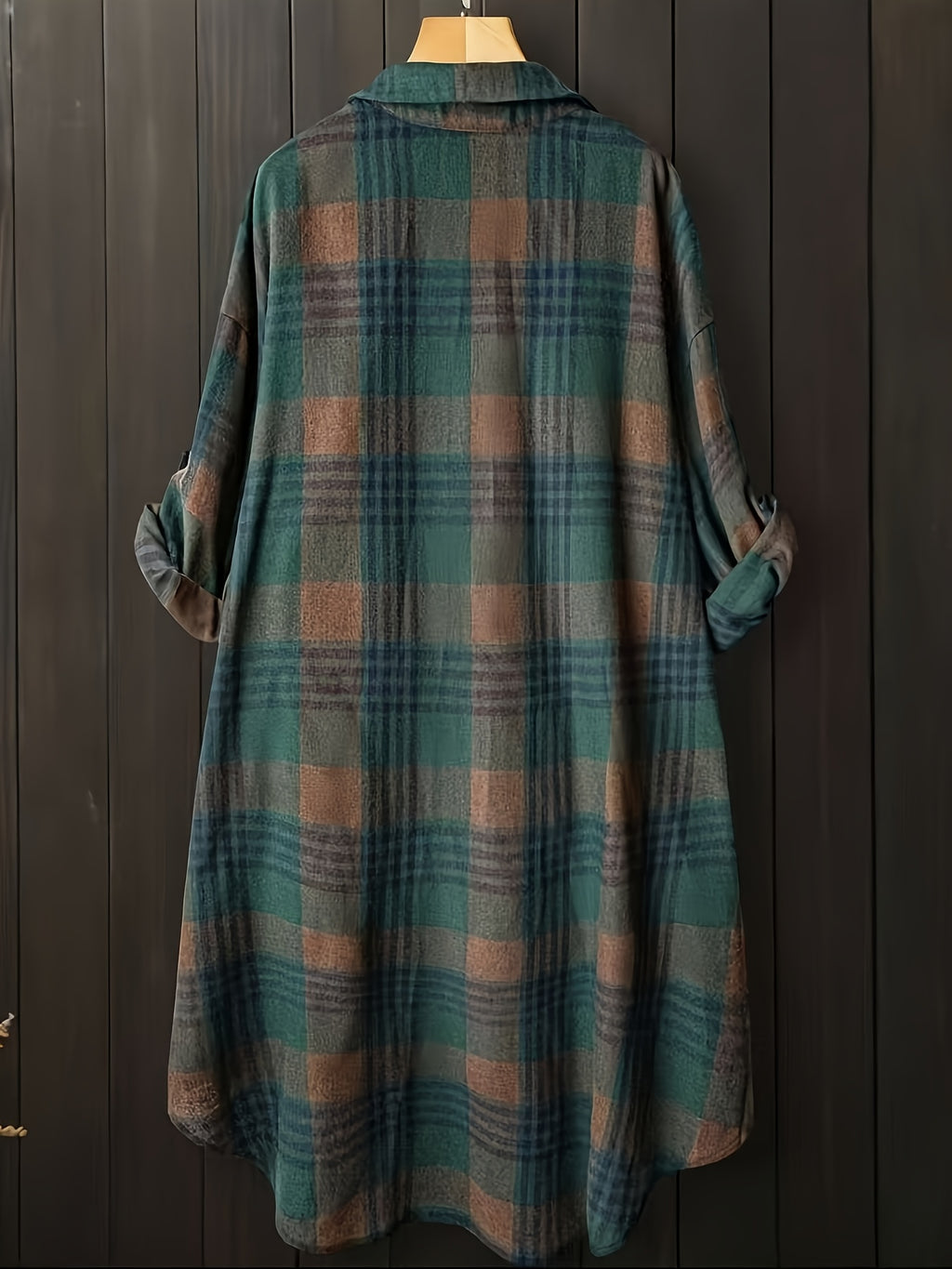 Women's Casual Plaid Midi Single-Breasted Loose Shirt - Dark Green