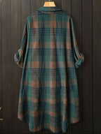 Women's Casual Plaid Midi Single-Breasted Loose Shirt - Dark Green