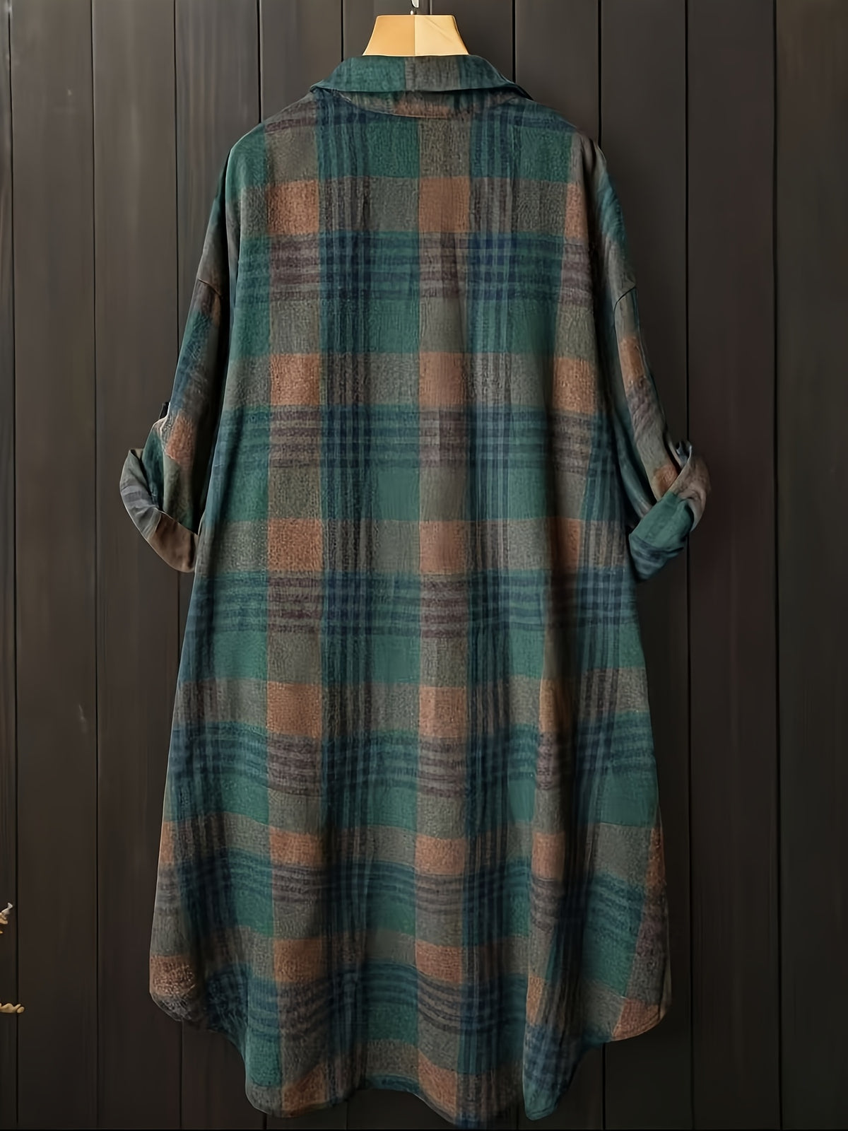 Women's Casual Plaid Midi Single-Breasted Loose Shirt - Dark Green