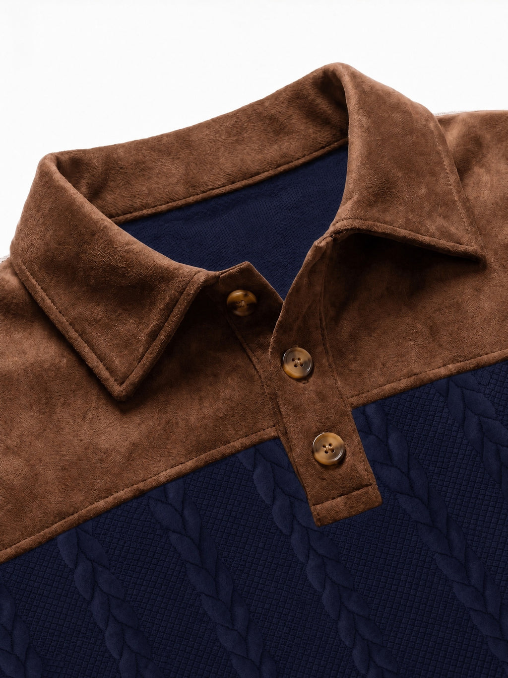 New Men's Autumn/Winter Brushed Ribbed Cable Knit Casual Color-Block Jacquard Long Sleeve Patchwork Plush Sport Henley High-Neck Top - Navy Color