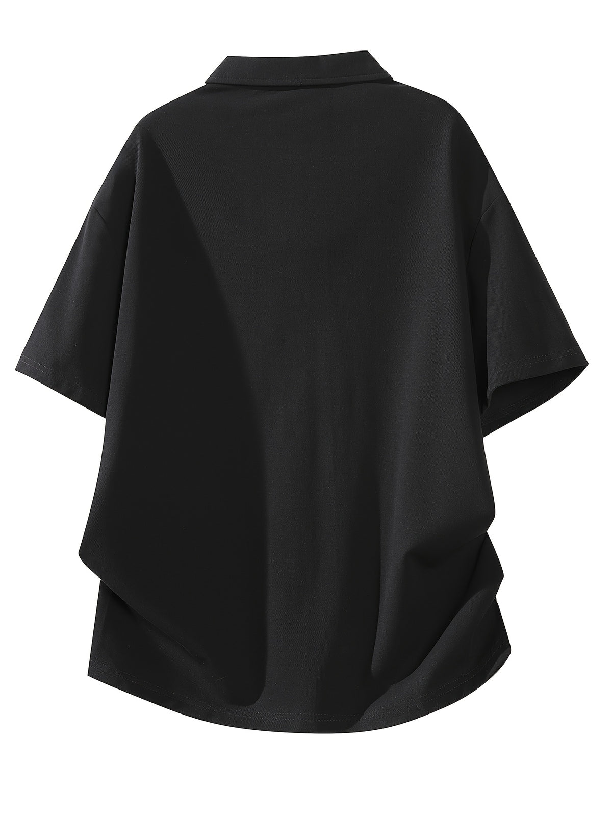 Spring/Summer American-style Solid Color Polo Shirt, Casual Versatile Short Sleeves with Lapel Collar, Simple Buttonless Placket - Black