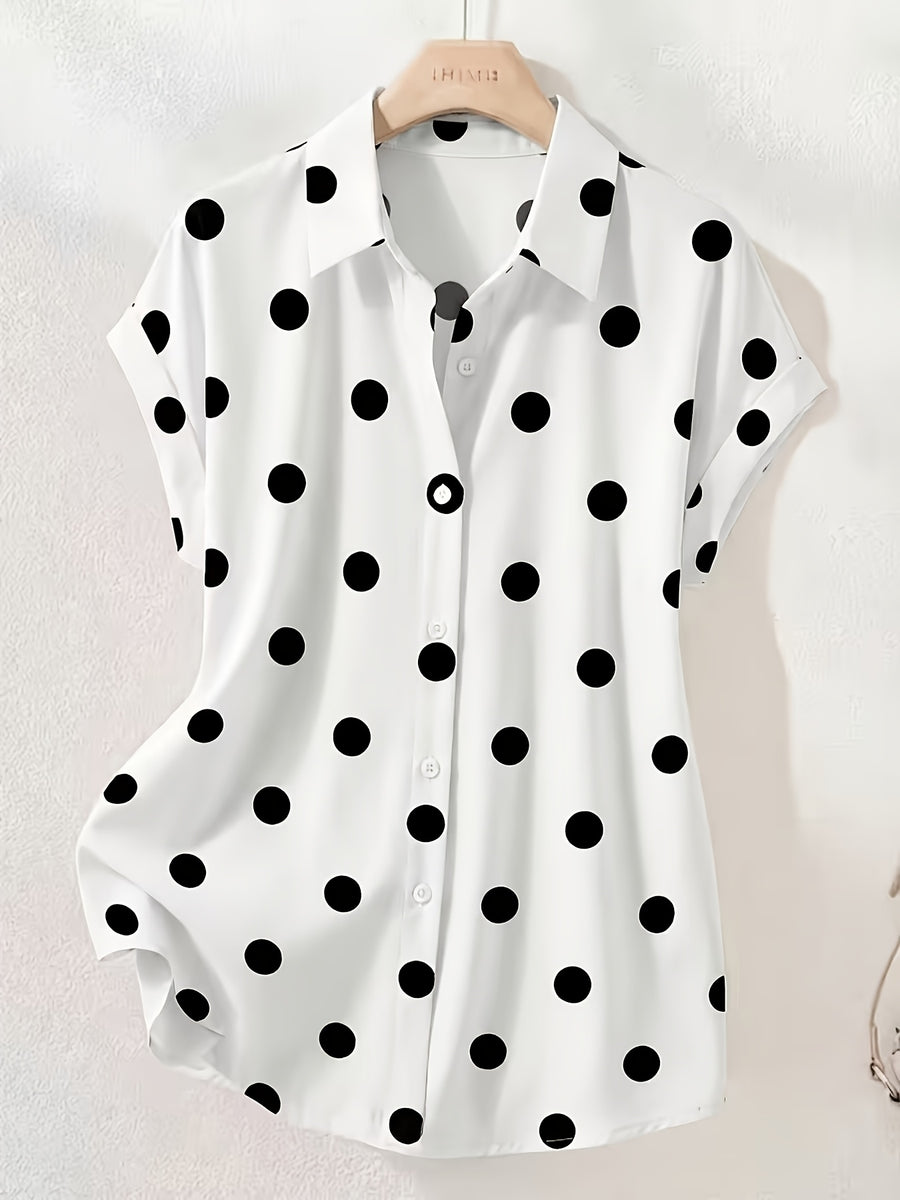 Summer Fashion Black And White Polka Dot Single-Button Off-Shoulder Short Sleeve Shirt, Elegant Casual Women'S Top, Suitable for Office Commute And Daily Wear, Polka Dot Print, Wrinkle-Resistant, Easy Care, Machine Washable - White