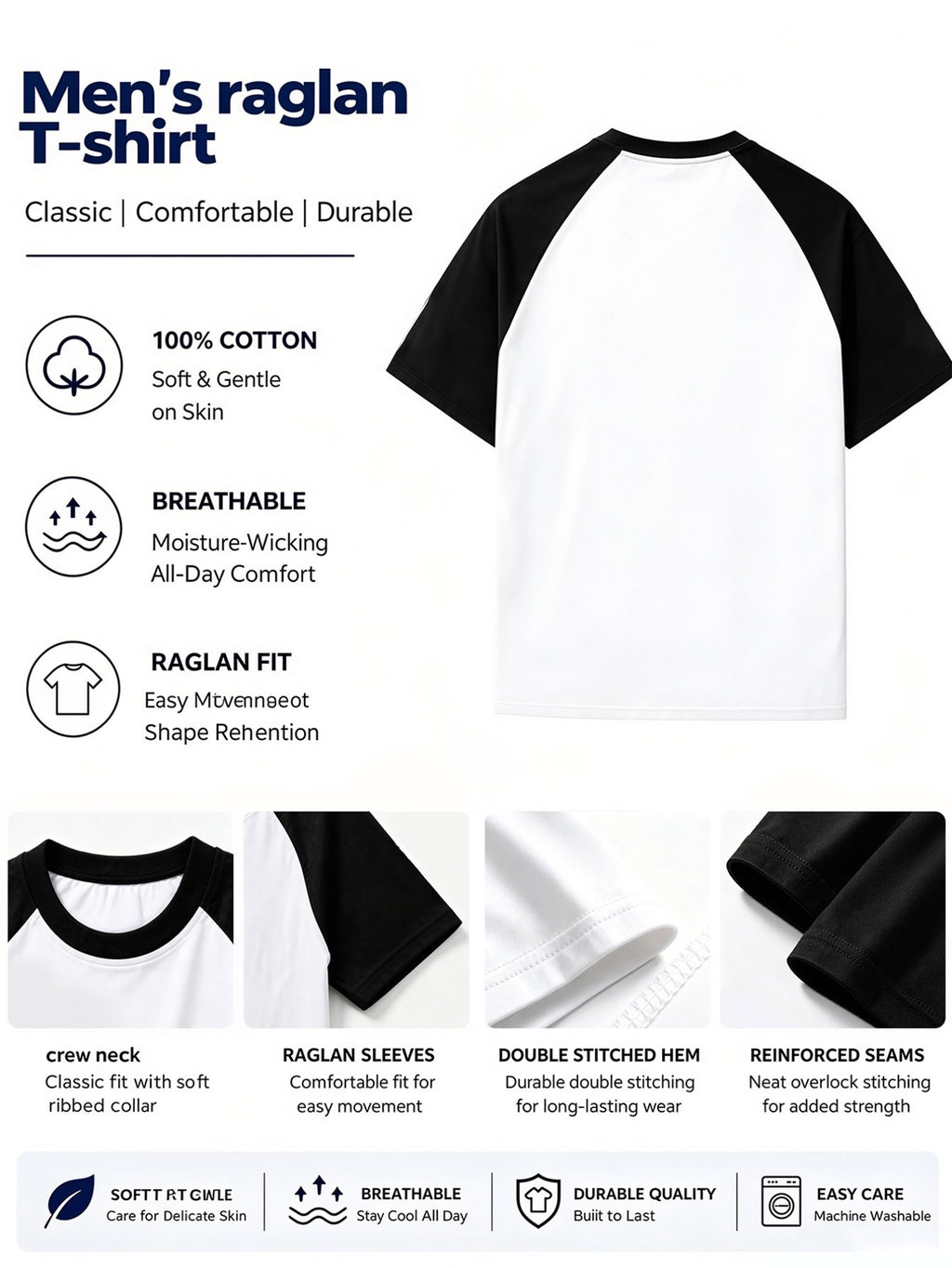 Men's Crew Neck Black and White Color Block Raglan Short Sleeve Top, Soft, Skin-Friendly, Breathable Basic T-Shirt, Suitable for All Seasons, Versatile for Commuting and Outings, Men's Apparel - White