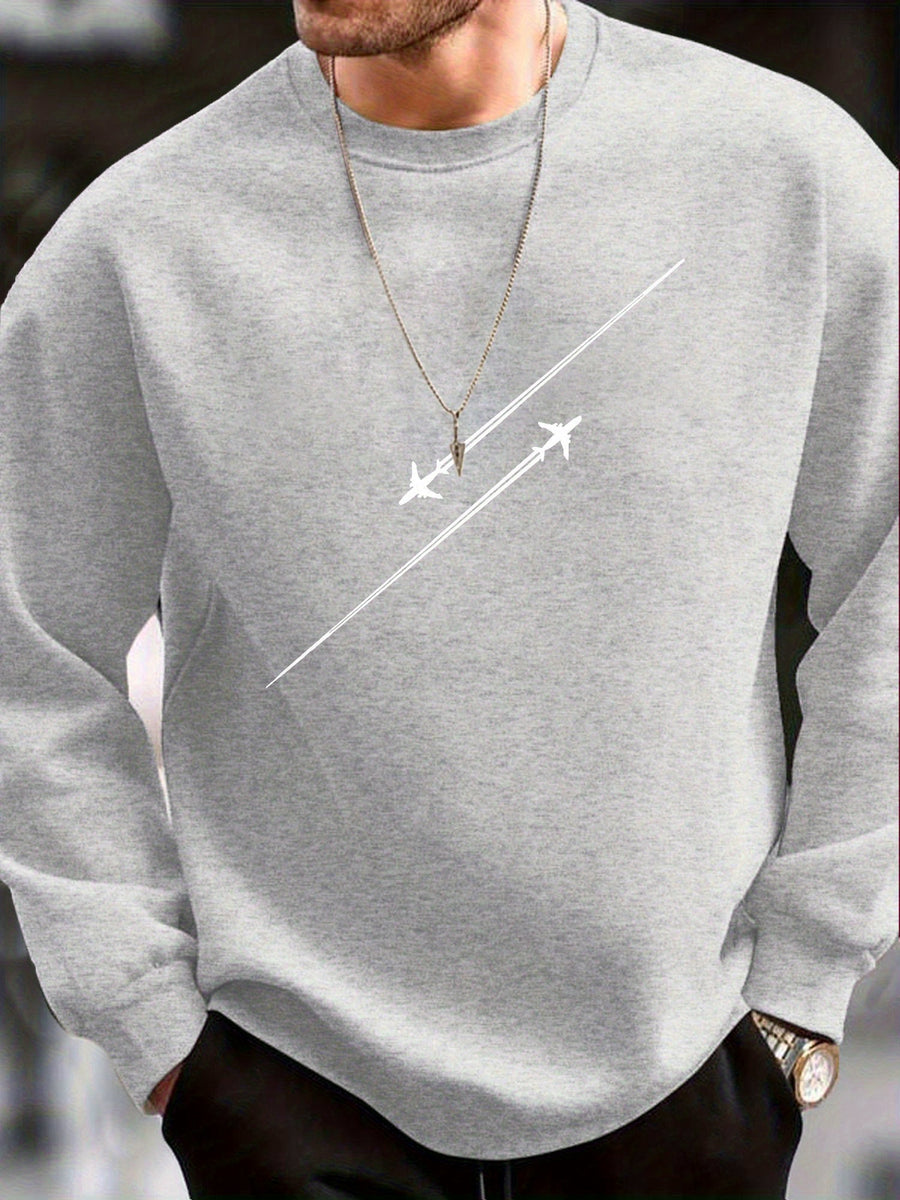 This Pullover Features a Round Neck And a Stylish Airplane Print, Making It a Versatile And Fashionable Choice for Casual Sportswear. It'S a Trendy Long-Sleeve Sweatshirt Suitable for Outdoor Activities, Perfect for Autumn And Winter Men'S Fashion - Light Grey