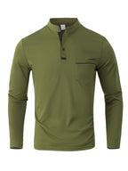 [Josh May OBM] 3pcs Men'S Long Sleeve Henley Shirts, Skin-Friendly Comfortable Fabric, Natural Elasticity Wearing Experience, Slim Casual Fit, Stand Collar Button-Up Design, Contrast Color Patchwork Detail, Chest Pocket Decoration - Army Green + Light Khaki + Black