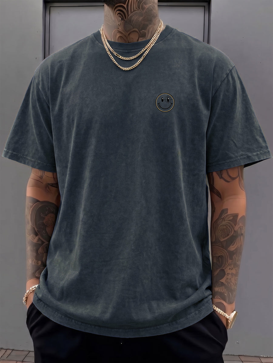 Short-sleeve T-shirt, Half-sleeve Top with a Small Joyful Face and Simple Circular Logo Print on the Chest, Trendy Print Available in 12 Colors for Mix-and-match. Made of Pure Cotton with a Washed and Distressed Effect, Featuring a Loose Fit. - Navy Color