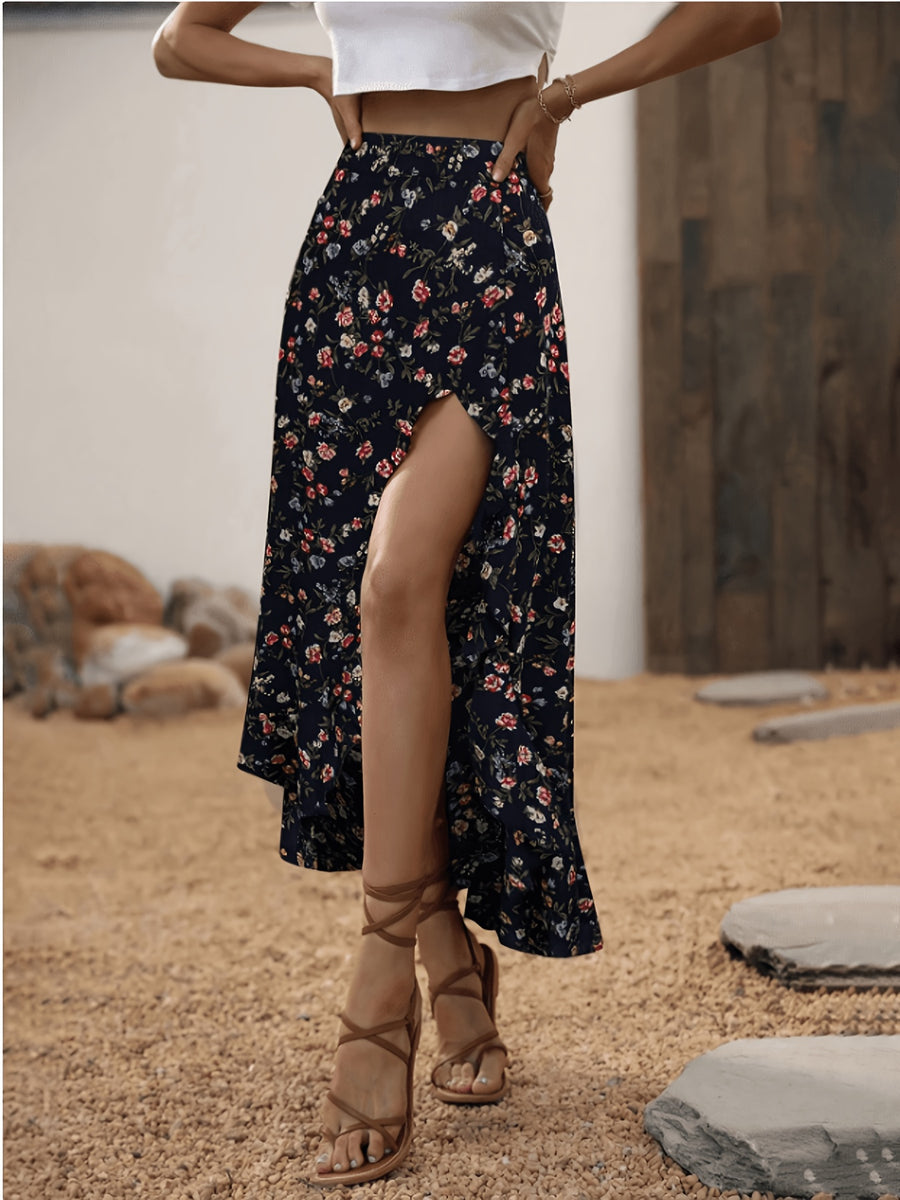 AK260309036 Women's Small Floral Print Ruffle Hem Asymmetrical Hem Skirt, Bohemian Ruffle Hem, Thigh-Split Long Regular Fit High-Waist Black Small Floral Print Skirt for Women, Spring/Summer, Casual Daily Wear Long Vacation Beach Skirt - Navy Color