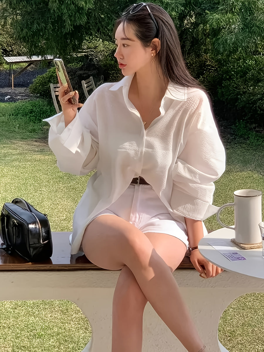 Women'S Shirt Summer New Loose Casual Versatile Single-Button Blouse Sunscreen Jacket Top - White