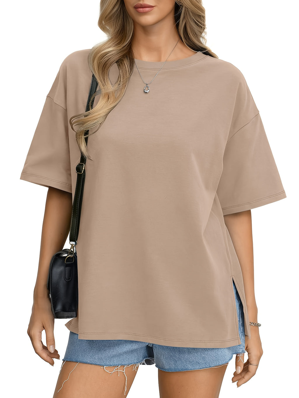 Oversized Women's Comfortable Basic Shirt with Round Neck, Casual Side Slit Top, Fashionable Loose Fit Short Sleeve T-Shirt - Khaki