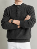Du Jing Lan OBM Spring/Autumn New Arrival Men's Knit Pullover, Old Money Style Contrast Color Striped Half-Open Placket Stand Collar Knit Pullover, Men's Business Casual Fashion Knit Pullover, Suitable for Layering or Wearing as an Inner Layer - Dark Gray