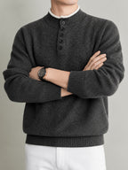 Du Jing Lan OBM Spring/Autumn New Arrival Men's Knit Pullover, Old Money Style Contrast Color Striped Half-Open Placket Stand Collar Knit Pullover, Men's Business Casual Fashion Knit Pullover, Suitable for Layering or Wearing as an Inner Layer - Dark Gray