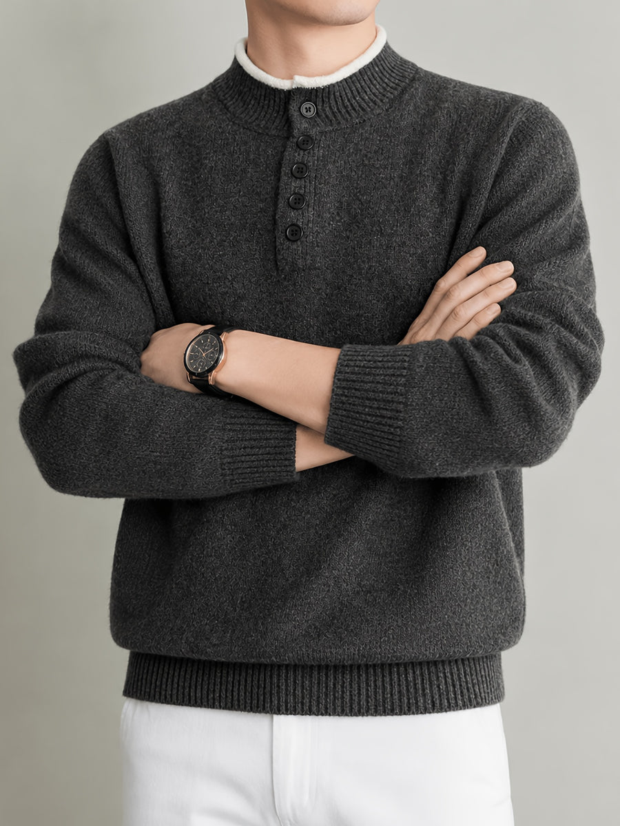 Du Jing Lan OBM Spring/Autumn New Arrival Men's Knit Pullover, Old Money Style Contrast Color Striped Half-Open Placket Stand Collar Knit Pullover, Men's Business Casual Fashion Knit Pullover, Suitable for Layering or Wearing as an Inner Layer - Dark Gray