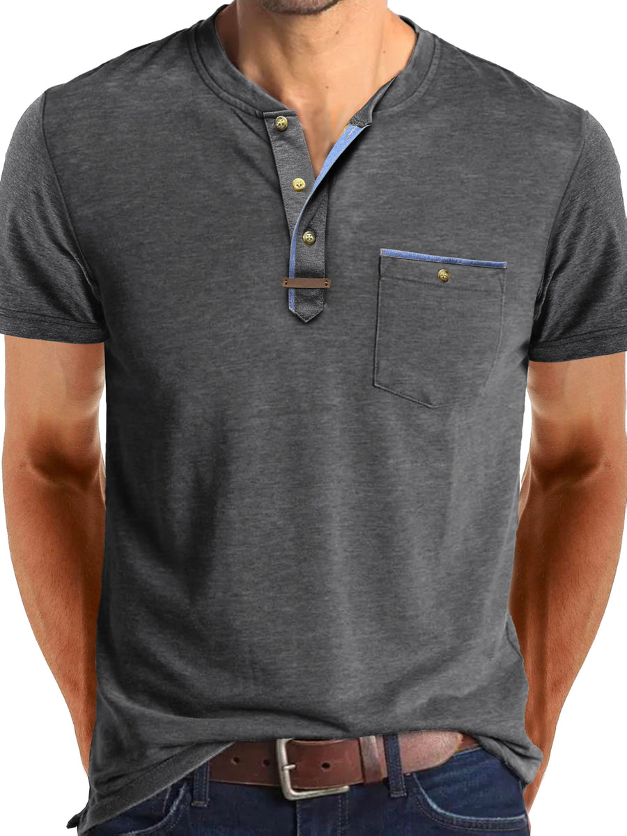 Men'S Solid Color Short Sleeve Henley Neck T-Shirt, Fashionable Summer Men'S Wear Casual Round Neck Top - Dark Gray