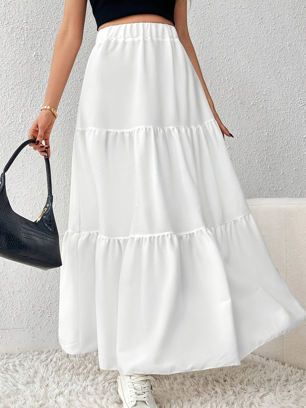 Women's High-Waisted Solid Color Daily Multi-Layer Skirt - White