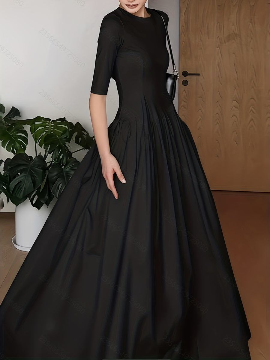 Elegant French Style Maxi Dress with Smock Waist & Ruffle Hem - -Length Party Wedding Guest Gown, Machine Washable Spring Summer Fall Formal Evening Dress - Black
