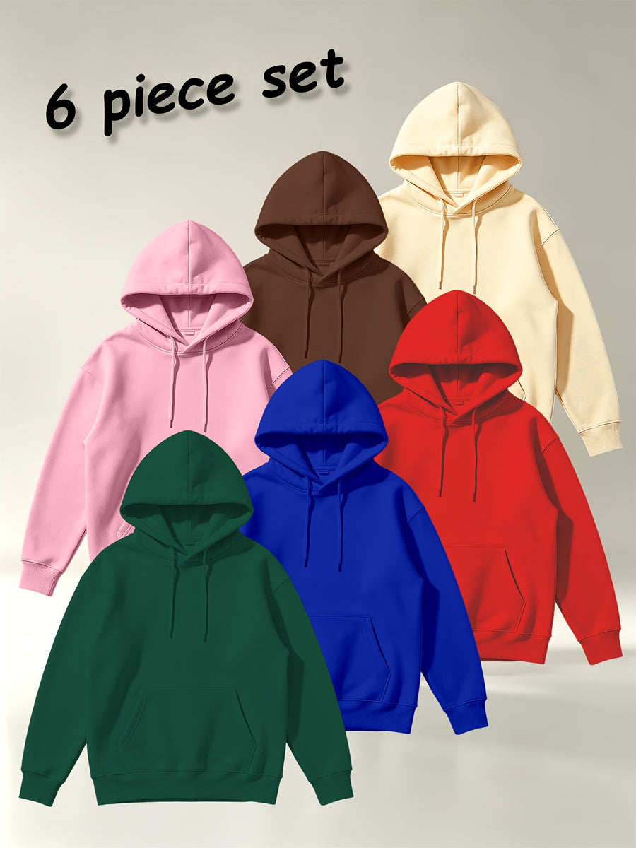 [Villa Joy Water OBM] 6pcs Set Solid Color Basic Hooded Sweatshirt Set Unisex Multi-Color Loose Pullover with Kangaroo Pocket Basic Style Autumn Winter Hoodie Combination - Dark green + royal blue + red + pink + brown + apricot