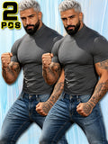 Summer Breathable Solid Color Half-Neck Short Sleeve 2pcs Set Men'S Shaping Slimming High-Elastic Fabric Light Luxury Fashion Fitness Sports Daily Wear Easy Premium Feel Versatile Base Top - Cement Ash