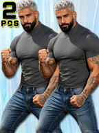 Summer Breathable Solid Color Half-Neck Short Sleeve 2pcs Set Men'S Shaping Slimming High-Elastic Fabric Light Luxury Fashion Fitness Sports Daily Wear Easy Premium Feel Versatile Base Top - Cement Ash