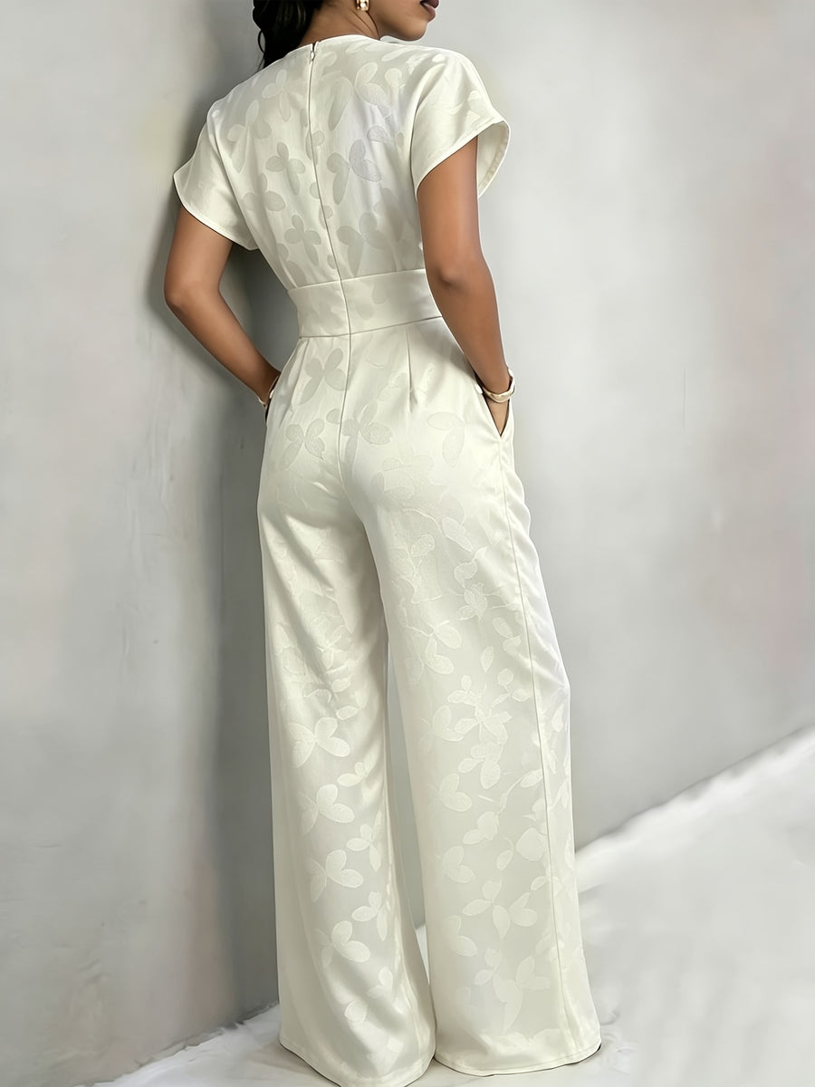 New Spring/Summer 2026 Women's Jacquard Short-Sleeve Jumpsuit with Subtle Butterfly Pattern, V-Neck, Cinched Waist, and Wide-Leg Pants. This Light Luxury, High-end Jumpsuit Offers a Sophisticated Look for Commuting. The Simple and Exquisite V-neck - Off-white