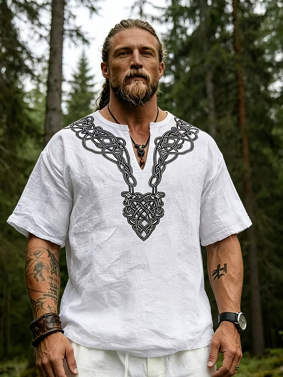 2026 Summer New Men'S Ethnic Style Short Sleeve Print V-Neck T-Shirt, Loose Casual Top - White