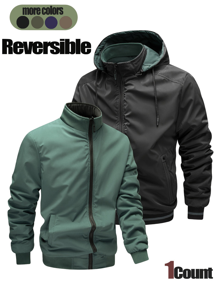 New Men'S Warm Thick Reversible Hooded Outdoor Jacket with Zipper Pockets Detachable Hood And Ribbed Cuffs Versatile Casual Coat for Daily Commute Wild Adventure Skiing Hiking Trekking Daily Outdoor Outfits - Black