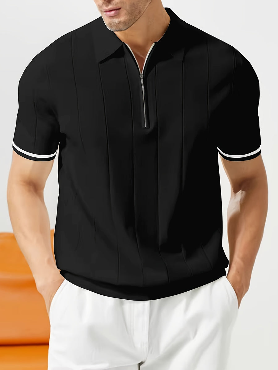 New Men's Business Fabric Shirt, Summer Men's Light Business Solid Color Casual Men's Lapel Short Sleeve Knitted Top - Black