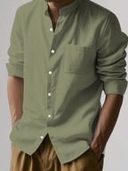 Men's Autumn Linen Long Sleeve Shirt 2pcs, Stand Collar Loose Fit, Breathable & Comfortable, Vintage Chinese Style for Daily Commute & Casual Wear, Gift Box Packaging for Gifting or Personal Use (Box and Props for Display Only) - Light White+Green